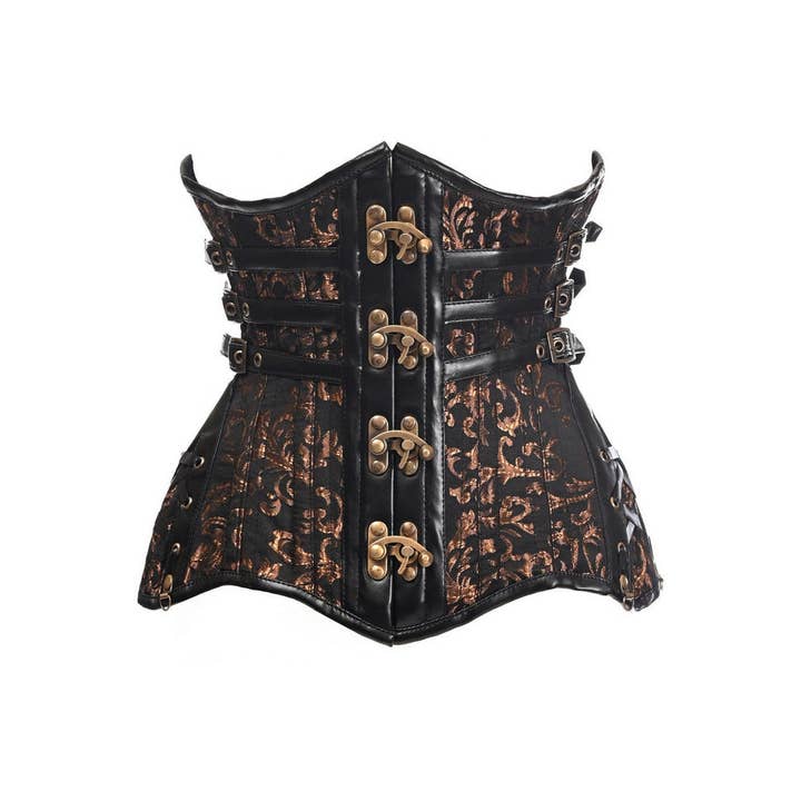 Corsé curvy Steampunk negro y marrón de acero brocado con doble hueso para debajo del pecho para venta al por mayor de Daisy Corsets