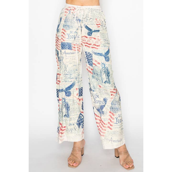 Drawstring pants w/ RED WHITE AND BLUE OLS-4703BG FREEDOM for wholesale by Origami Apparel ~ Lace and Crochet inspired
