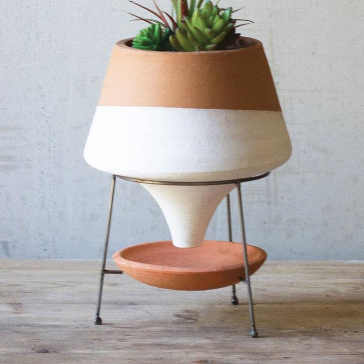 Kalalou - Wholesale Plant Pot - Natural & White Terracotta Funnel Planter with Wire Base