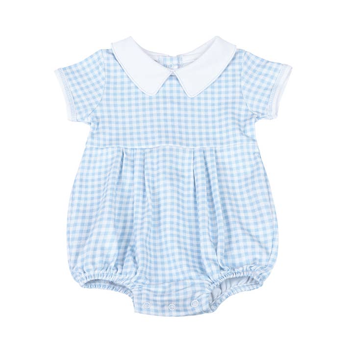 Mini Checks Collared S/S Boy Bubble - Blue for wholesale on Faire
