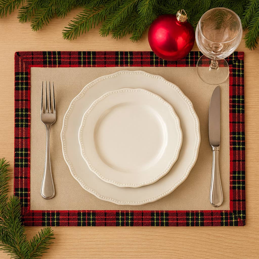 Fennco Styles - Vente Sets de table - Napperon de Noël naturel à garniture tartan
