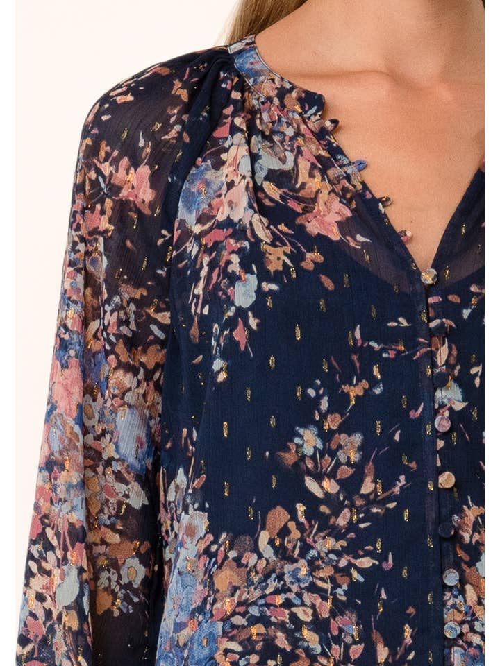 Navy Dusty Blue Lurex Floral Button Front Long Sleeve Blouse for wholesale on Faire