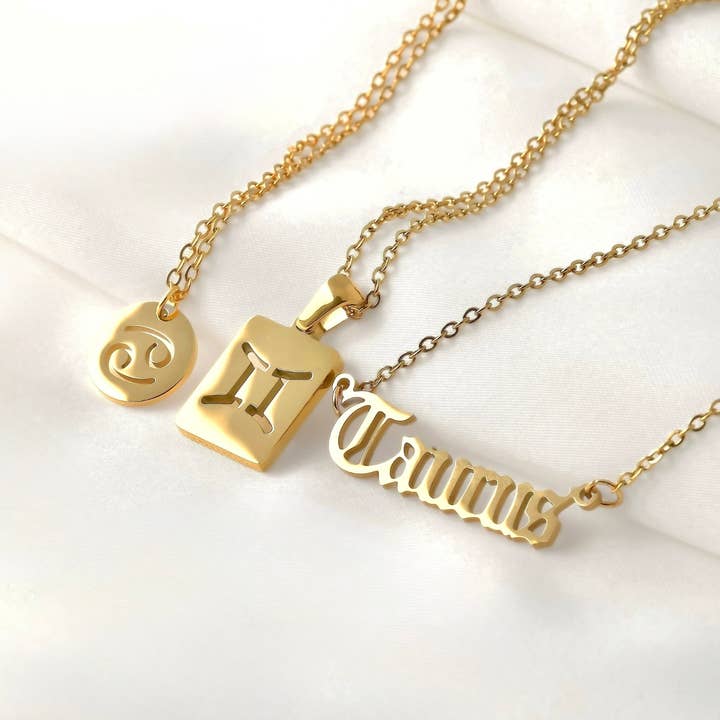 Gold Zodiac Necklace - Coin Tag and Zodiac Word Necklace for wholesale by Blueyejewelry