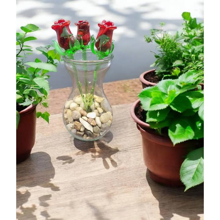 Glass by Iness - Wholesale Artificial Flowers - Red Glass Rose - Handcrafted Short Stem Flower2