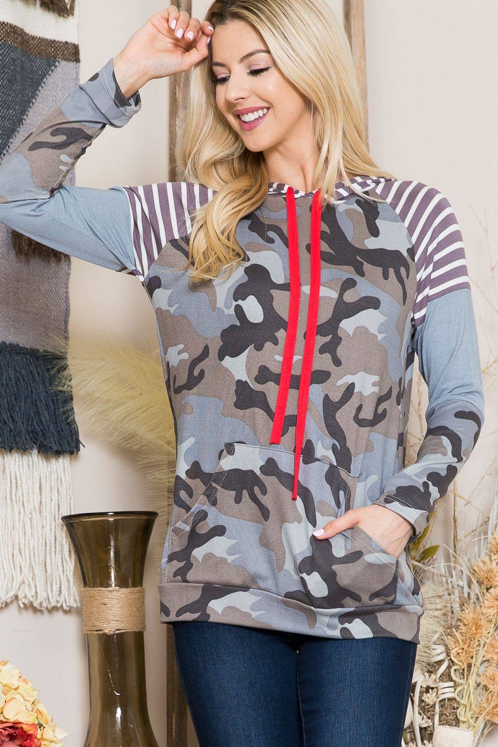 Stylish Wholesale – wholesale Hoodie – Women's – OLIVE CAMO CAMO HOODY WITH STRIPE CONTRAST SLEEVES-CLCT33668-PL5