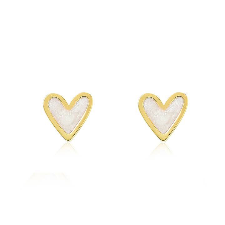Mini Pearlescent heart studs with gold plating for wholesale by Coral & Mint