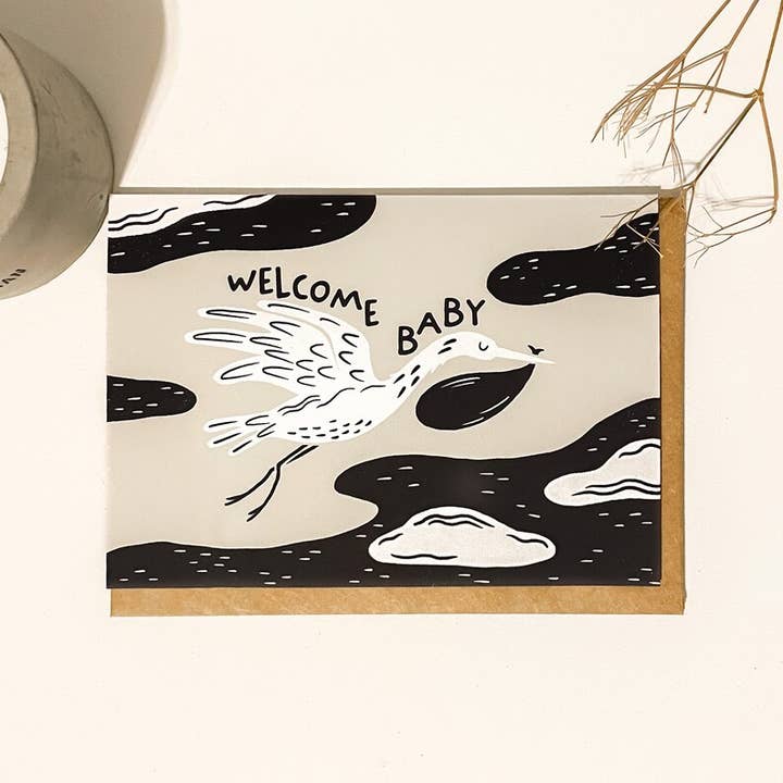 Welcome Baby Stork Greeting Card for wholesale by Port Nova Paper Co.