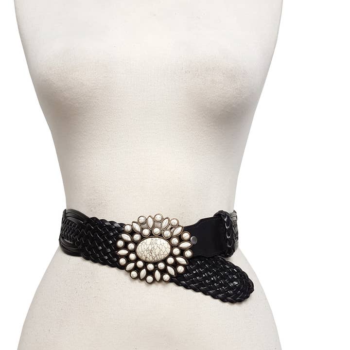 Axesoria West - Wholesale Belt – Women's - Hand Braided Leather Belt with Turquoise Style Buckle brass2