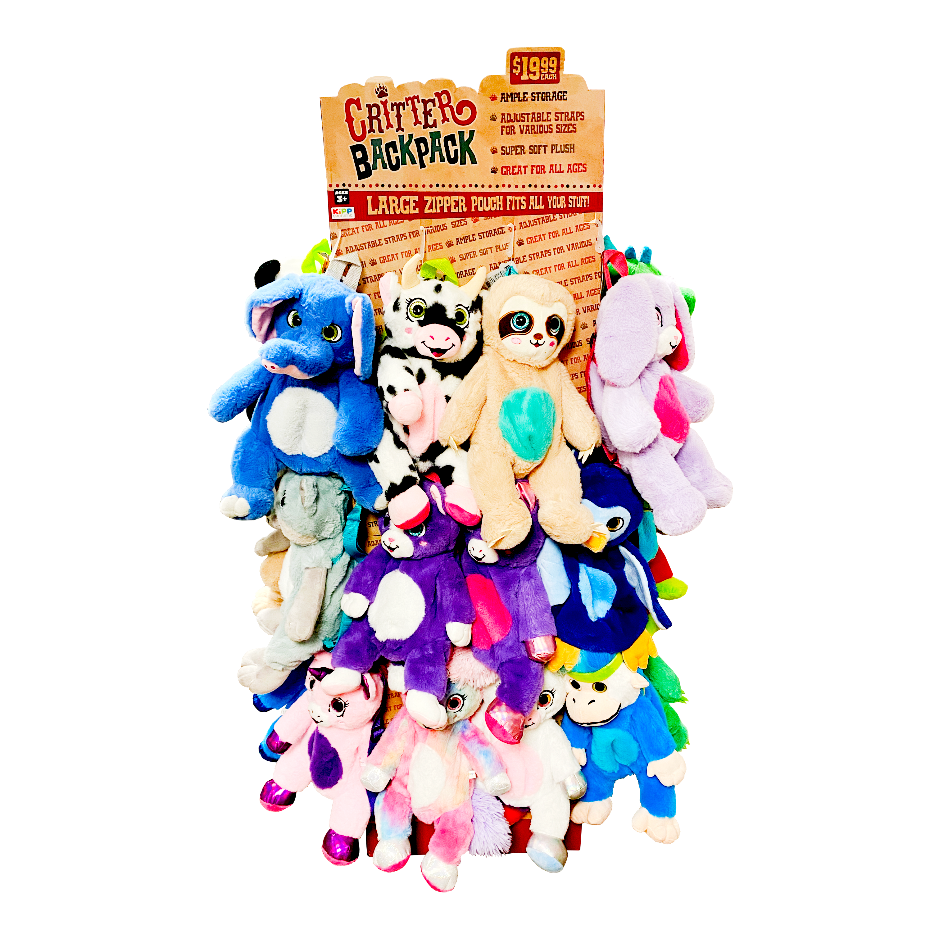 Novelty Brands - Wholesale Backpack - Kids - Critter Plush Backpack Floor Display - 18PC/Display1