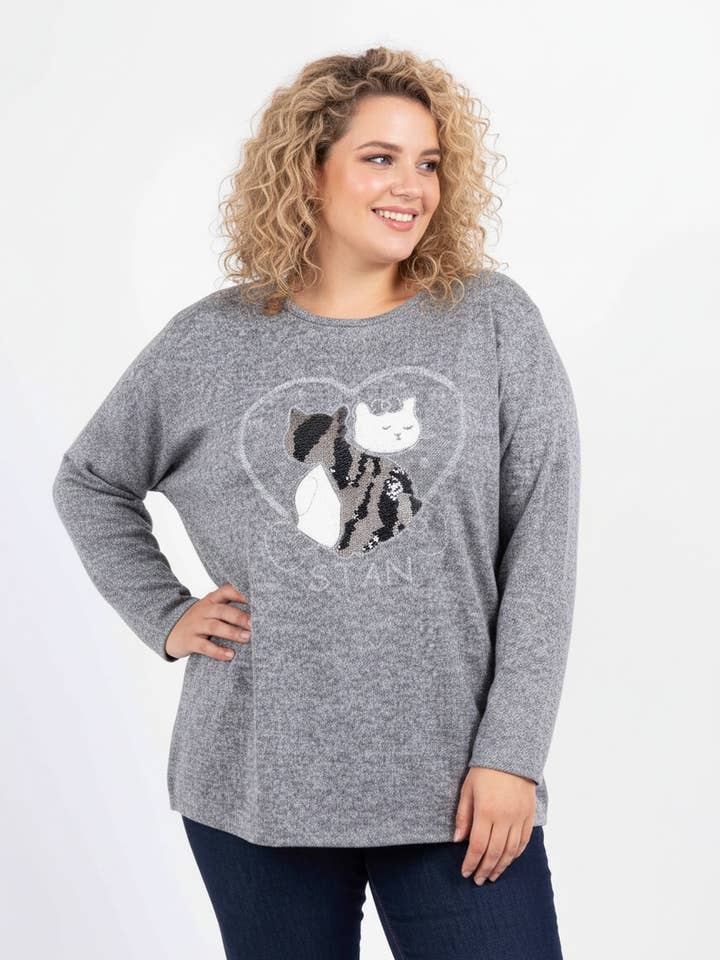 Pull grande taille gris motif chat (T9818A) pour la vente par Pomme Rouge Paris