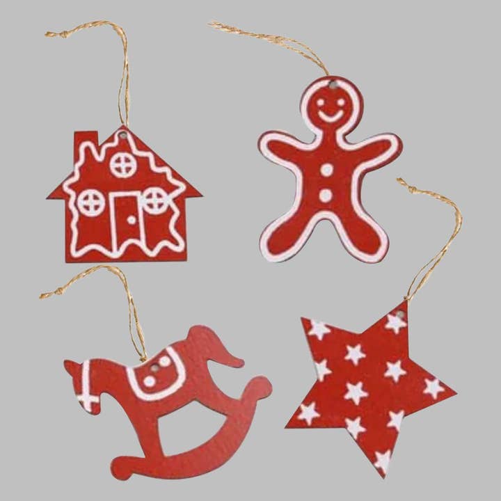 Radiant Red Mdf Wood Ornaments For Christmas Tree | Set Of 4 for wholesale by Zwende