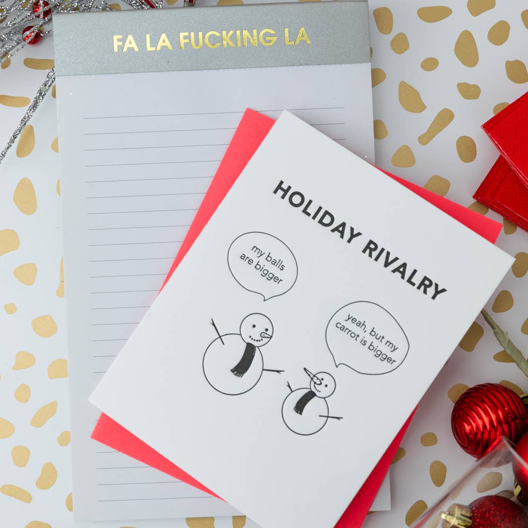 Chez Gagné – Großhandel Weihnachtskarte – Schneemann-Feiertagsrivalität - Kugeln sind größer/Meine Karotte ist größer - Lustige Feiertagskarten1