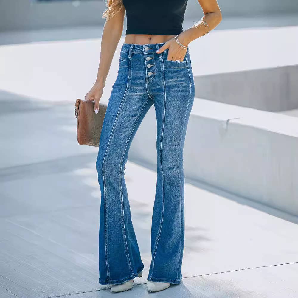 Blue High-Waist Button Fly Flare Jeans with Seamed Detailing for wholesale on Faire1