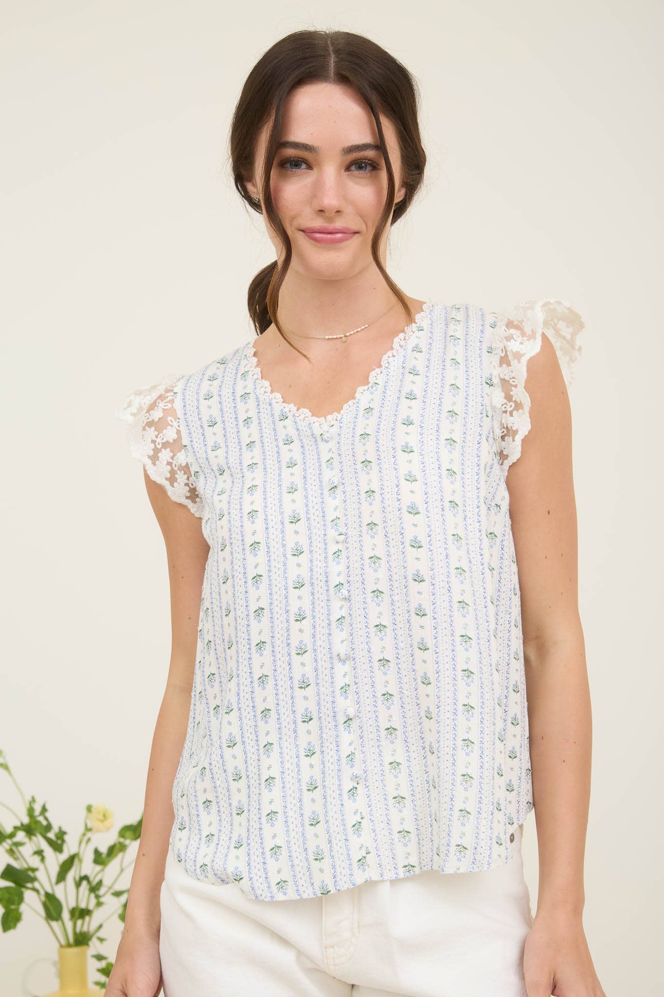 Blu Pepper - Wholesale Blouse - Women's - STRIPE FLORAL V NECK LACE TRIM BUTTON DOWN BLOUSE 9