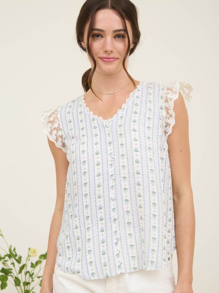 Blu Pepper - Wholesale Blouse - Women's - STRIPE FLORAL V NECK LACE TRIM BUTTON DOWN BLOUSE 9