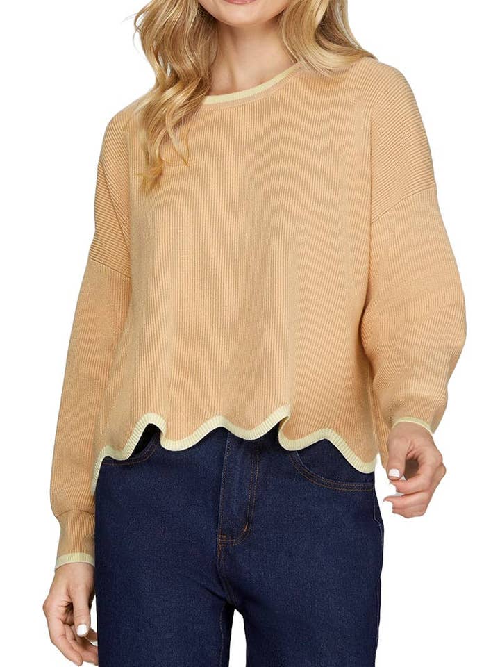 Sweatertop met lange mouwen en geschulpte zoom voor wholesale door Vanilla Monkey