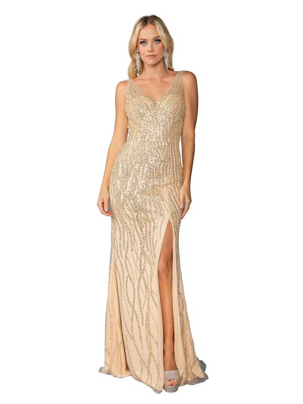 V-Neckline and High Slit Detail Prom Dress for wholesale by Dancing Queen Dress