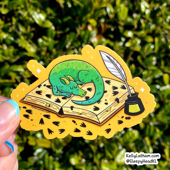 Green Dragon Storytime Reading Book Fantasy Cute Sticker for wholesale by Kelly Latham Art