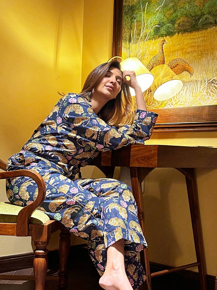 Colour Garden Hand Printed Indian Blockprint Pure Cotton Floral Pyjama Set | Spring Blue Desire Leopard Burst Art for wholesale by Essential Designs London