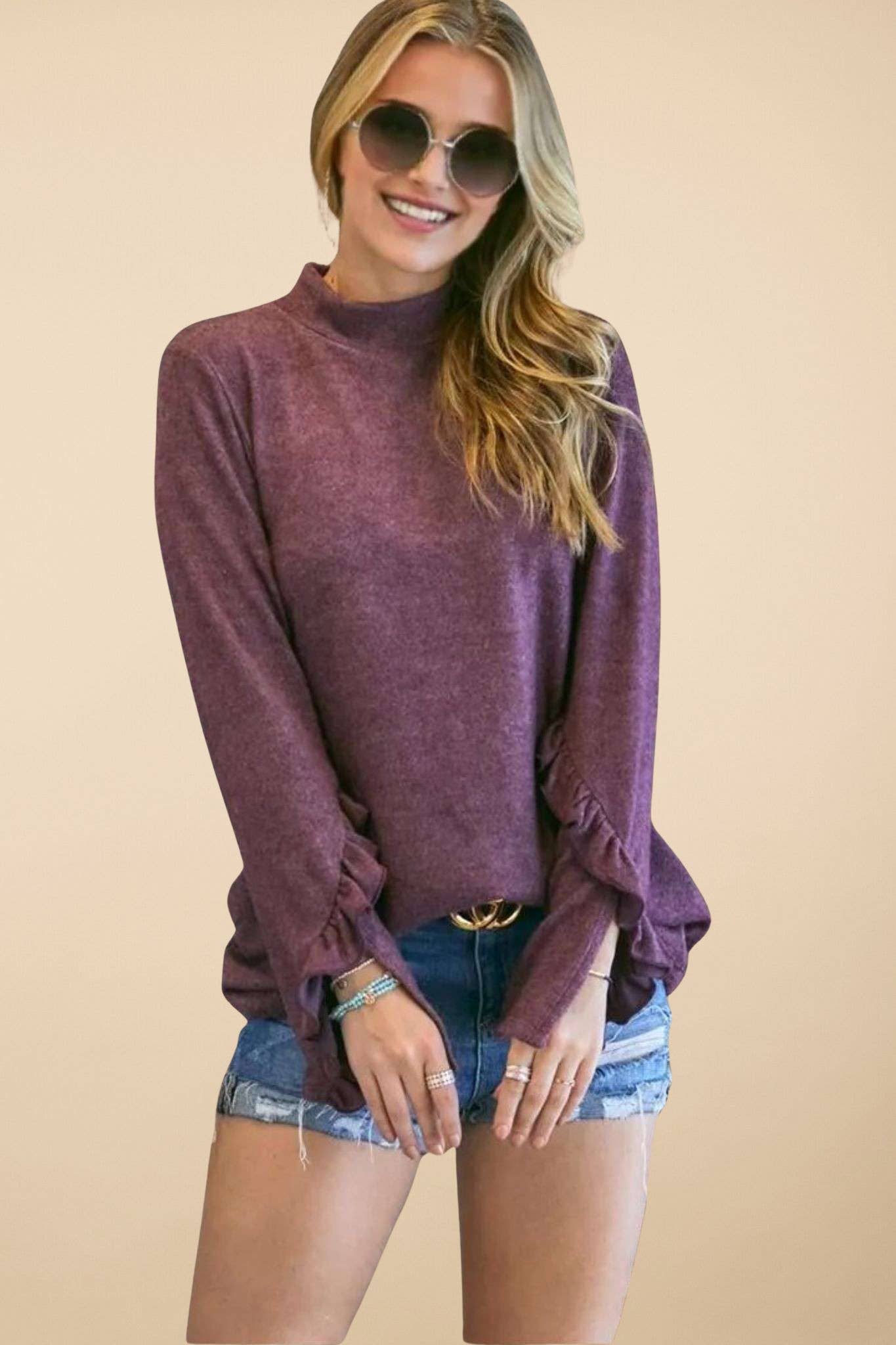 ADORA LA - Wholesale Tunic - Women's - MYT12499 -BRUSHED HACCI MOCK NECK RUFFLE TOP18