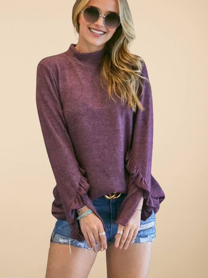 MYT12499 -BRUSHED HACCI MOCK NECK RUFFLE TOP for wholesale by ADORA LA