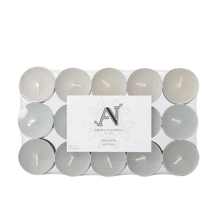 Velas de Chá Perfumadas, Algodão Suave, 4 horas de Queima, Pack de 30 por atacado de Aroma Naturals