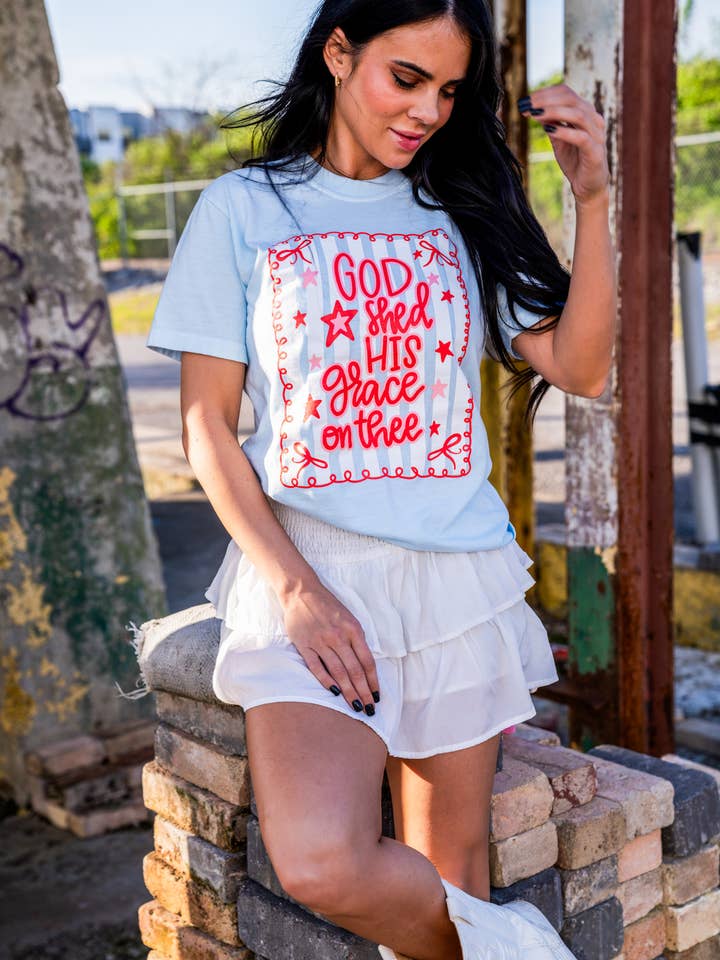Small Town Society Apparel Co. - Wholesale Screen Printed T-Shirt - Women's - Grace On Thee | Chambray | Short Sleeve