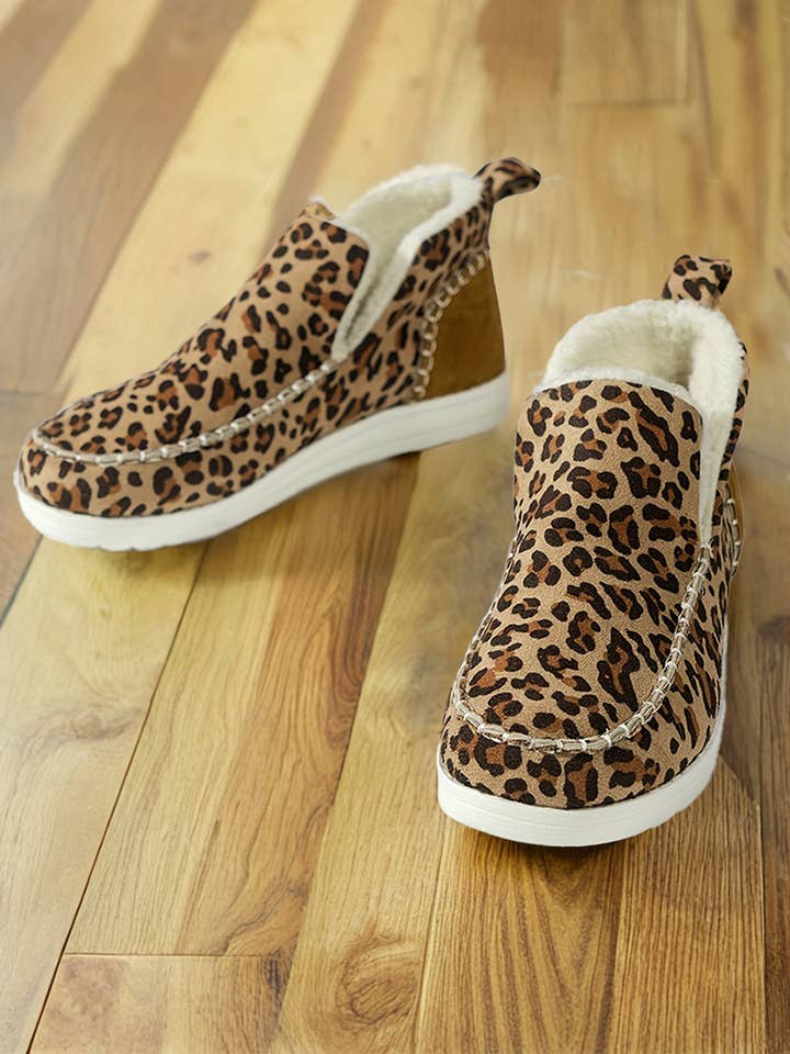1 the Woman - Wholesale Boots - Women's - Leopard Print Ankle Patched Flat Winter Fur Boots
