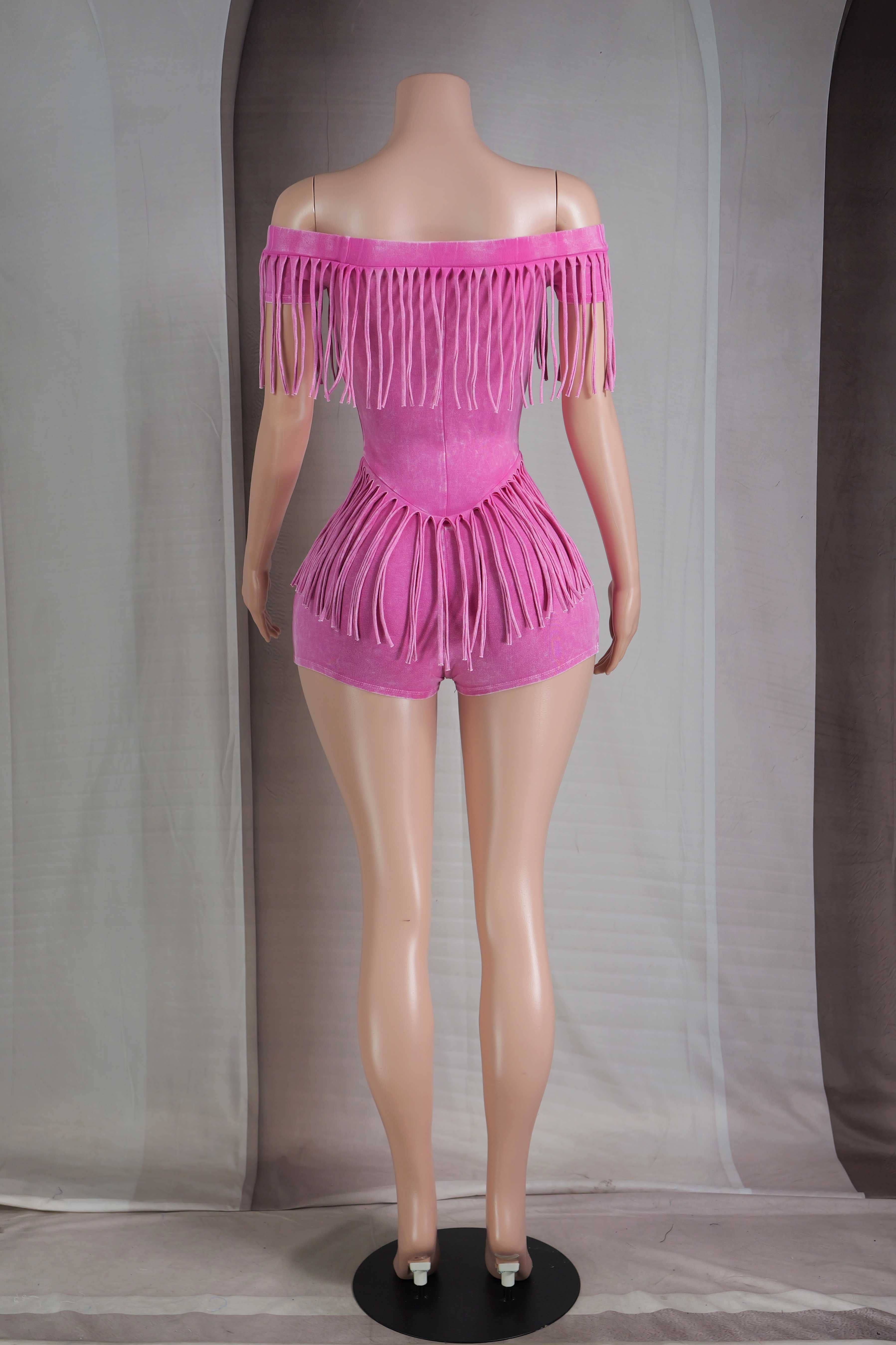 Barbie Pink MINERAL WASH FRINGE DETAIL OFF SHOULDER ROMPER for wholesale on Faire3