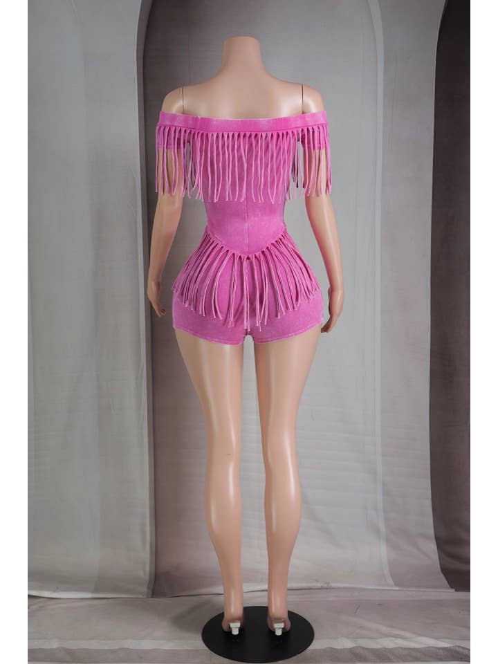 Barbie Pink MINERAL WASH FRINGE DETAIL OFF SHOULDER ROMPER for wholesale on Faire3