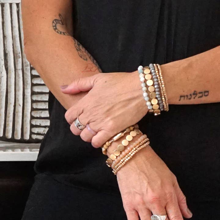 PennyLine inc - Wholesale Jewelry Set - 5 piece Boho Beaded Bracelets Stack Semi Precious Metal Glas