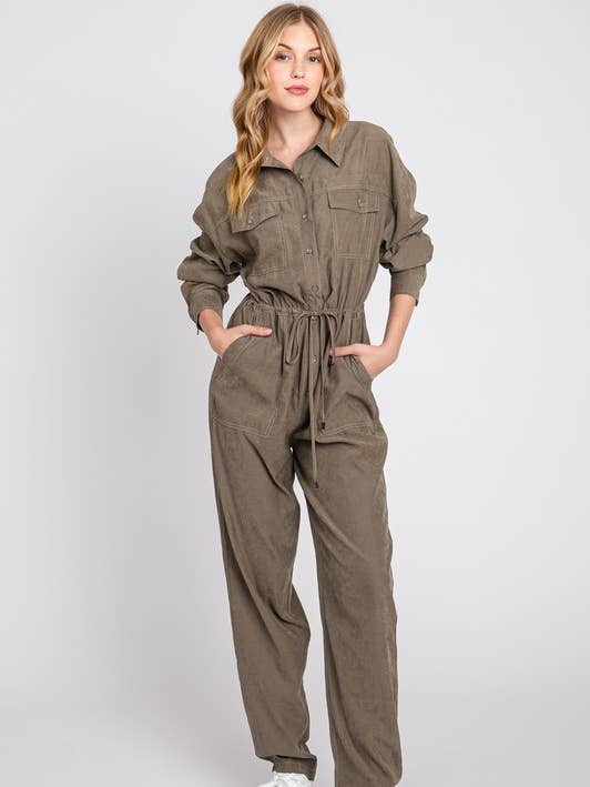 LONG SLEEVE BUTTON DOWN JUMPSUIT - FM60249 for wholesale by Calista