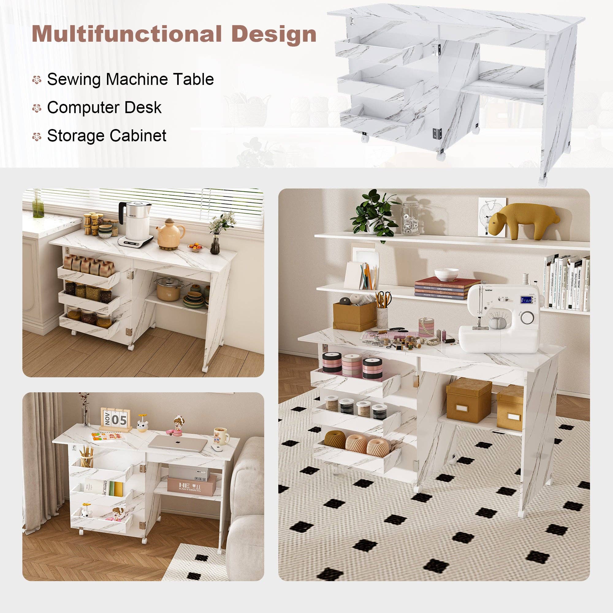 39F Inc. - Wholesale Craft Supplies - 4-in-1 Folding Sewing Table w/Lockable Wheels (White MDF)16