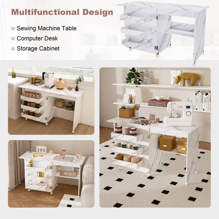 39F Inc. - Wholesale Craft Supplies - 4-in-1 Folding Sewing Table w/Lockable Wheels (White MDF)16