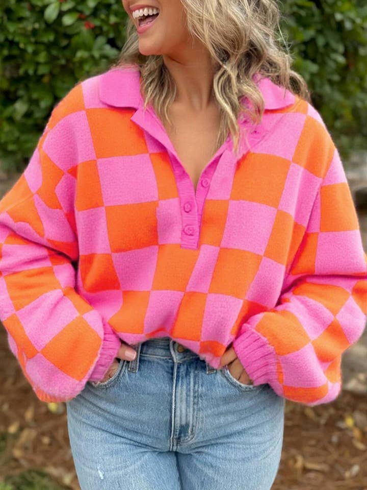 Sachet Pink Checkered Knit Polo Collar Baggy Sweater for wholesale by Lovesoft