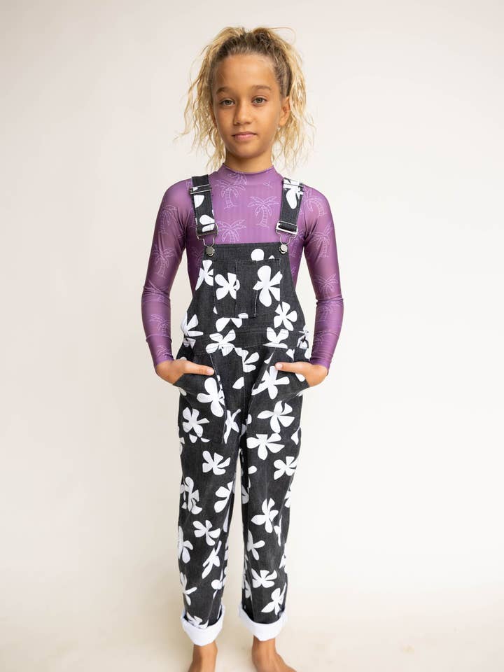 Kid's Denim Overalls in Black Plumeria for wholesale by Of One Sea
