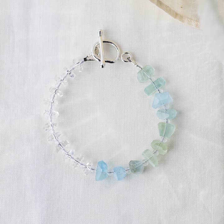 Ocean's Whisper Bracelet – Premium Grade Aquamarine & Ice-Clear Quartz with Argentium Silver Toggle for wholesale by LoveGem Studio LLC