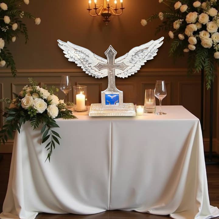 Wilco Home - Wholesale Wall Cross - Carved Wood Memorial Cross with Angel Wings and Photo Frame