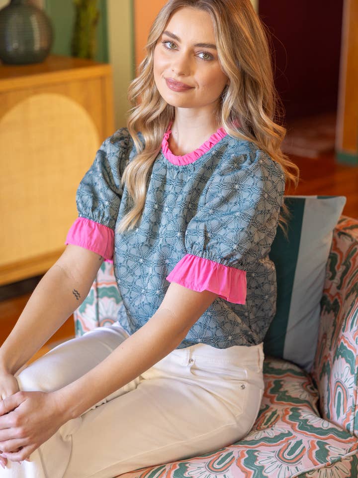 36278 Contrast Ruffled Neck and Sleeve Floral Top for wholesale by VOY