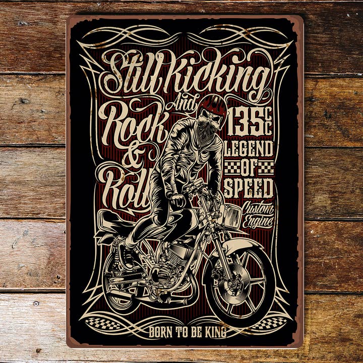 Still Kicking Rock & Roll Motorbike Metal Wall Sign Plaque for wholesale by The British Metal Signs Company