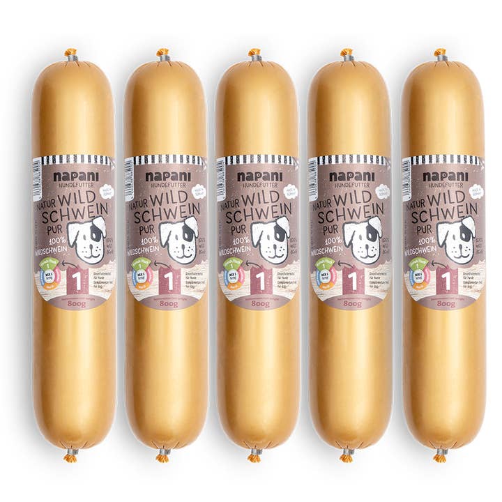 Cibo umido per cani, puro cinghiale in budello artificiale, 5 x 800g per la vendita all'ingrosso da parte di napani GmbH & Co. KG