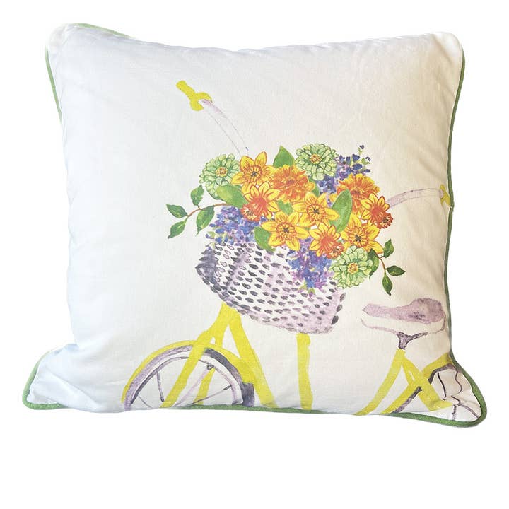 Spring Floral Bike White Square Pillow with Piping for wholesale by Knollwood Lane