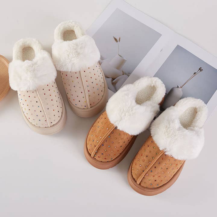 Sensibling Corp. - Wholesale Slippers - Women's - 6Pairs - Rhinestone Embellished Fuzzy Plush Home Indoor Floor Slippers2
