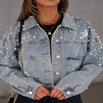 Blue B Rhinestone Star Studded Denim Jacket - Women's Coats