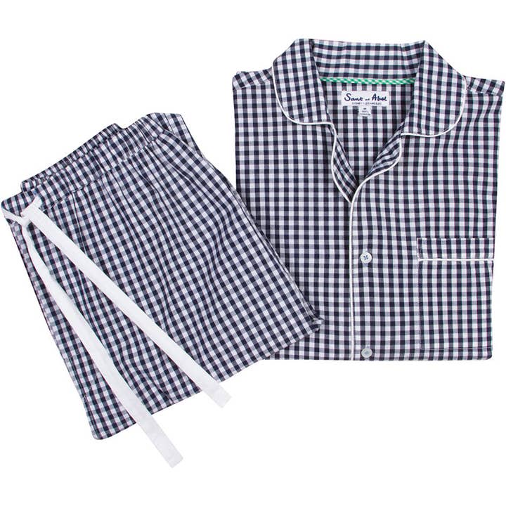 Hepburn Gingham navy long PJ set voor heren voor wholesale door Sant and Abel