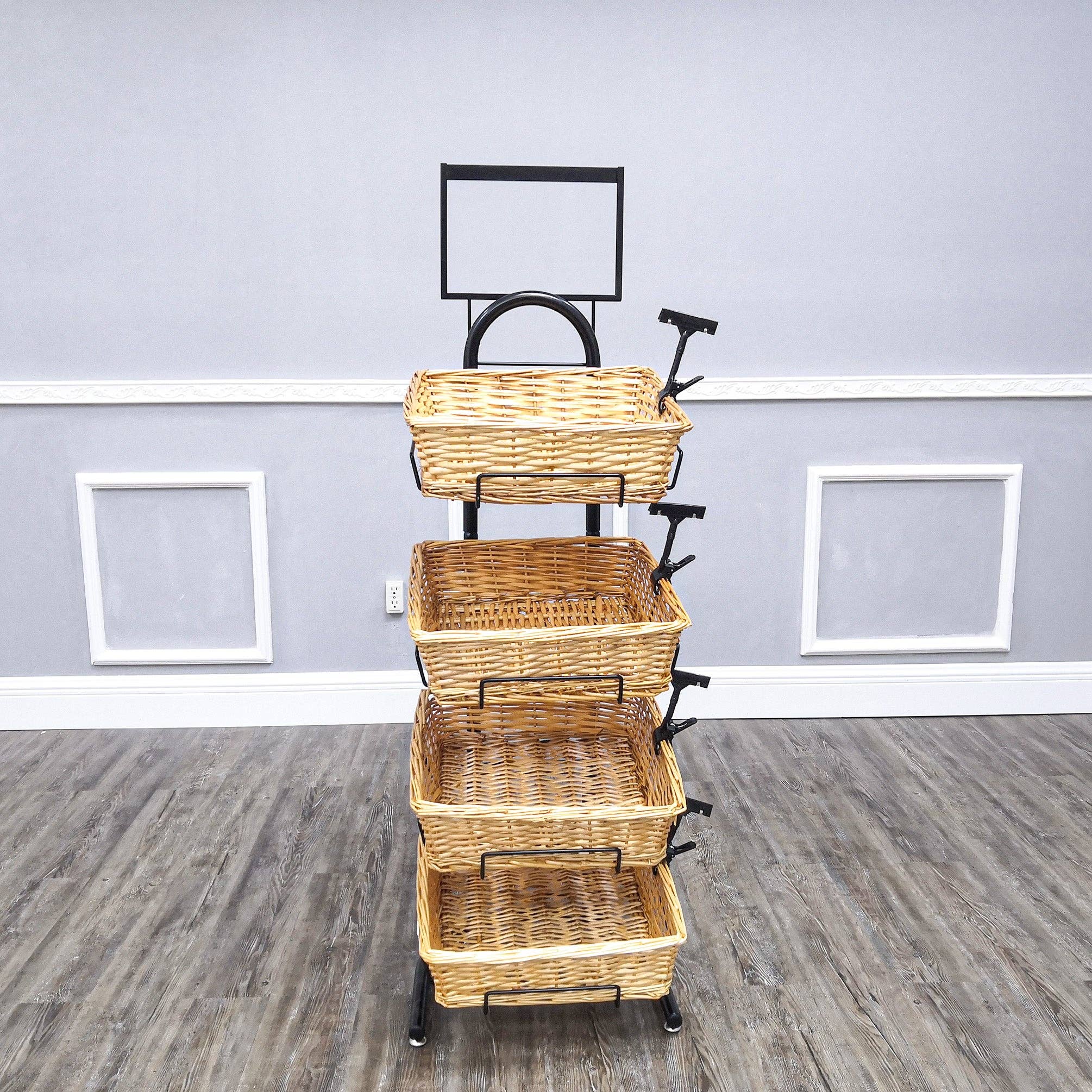 FIXTUREDISPLAYS - Wholesale Retailer Display Stand/Case - 4 Tier Basket Stand, Sign Clips, Wicker - Black 120006-NEW7