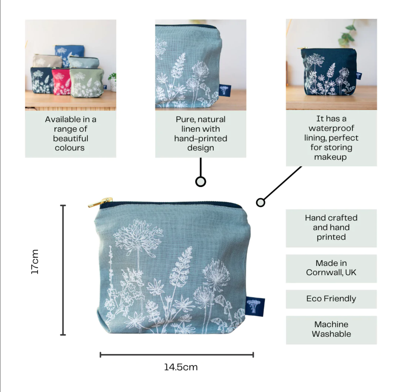 Helen Round - hand printed linen (US Duties Paid) – wholesale Make-up/cosmetic bag – Linen Makeup Bag, Waterproof Lined, Floral Cosmetic Bag6