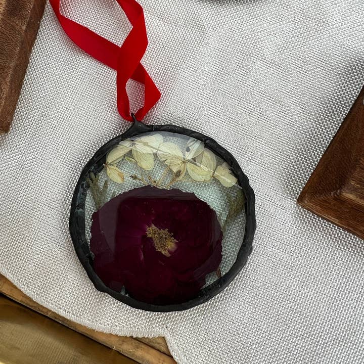 Pressed rose glass ornament, real flower ornament, hand soldered pressed flower ornament for wholesale by Remedy Designs