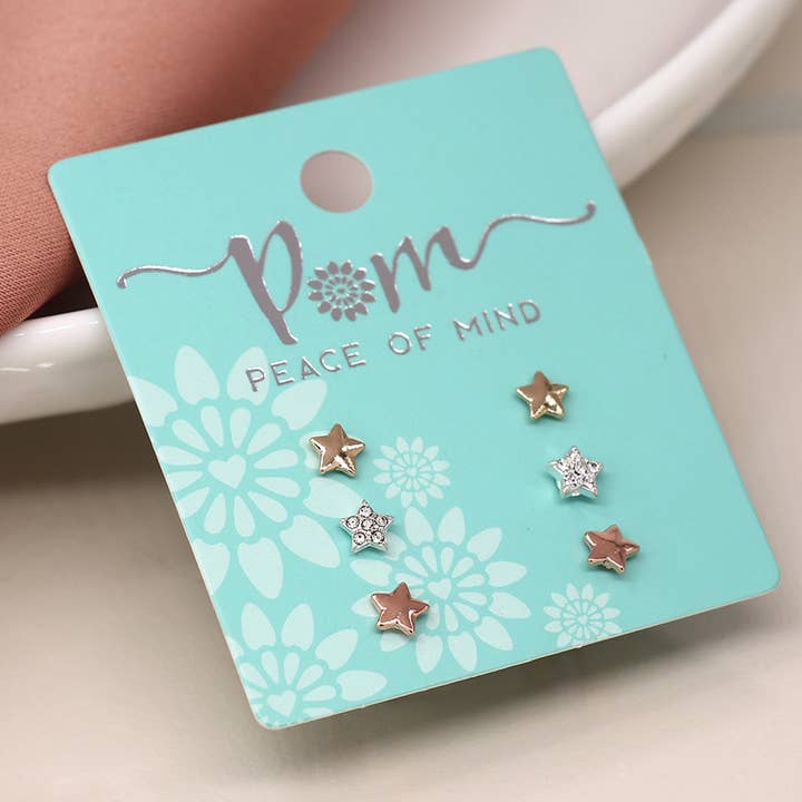 Dreifach-Stern-Roségold-Silber-und-Kristall-Ohrring-Set für den Großhandel von Peace Of Mind