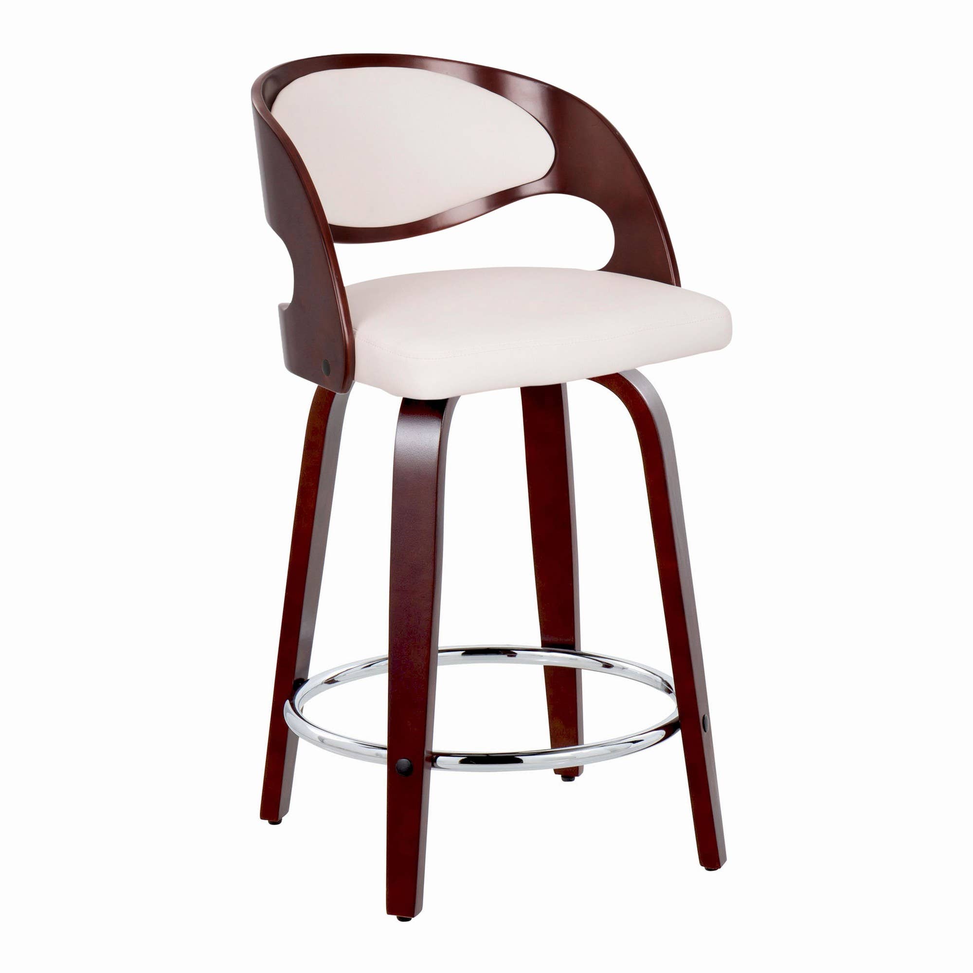 Cherry Wood White PU Chrome Metal Pino 24" Fixed-Height Barstool - Set of 2 for wholesale on Faire1